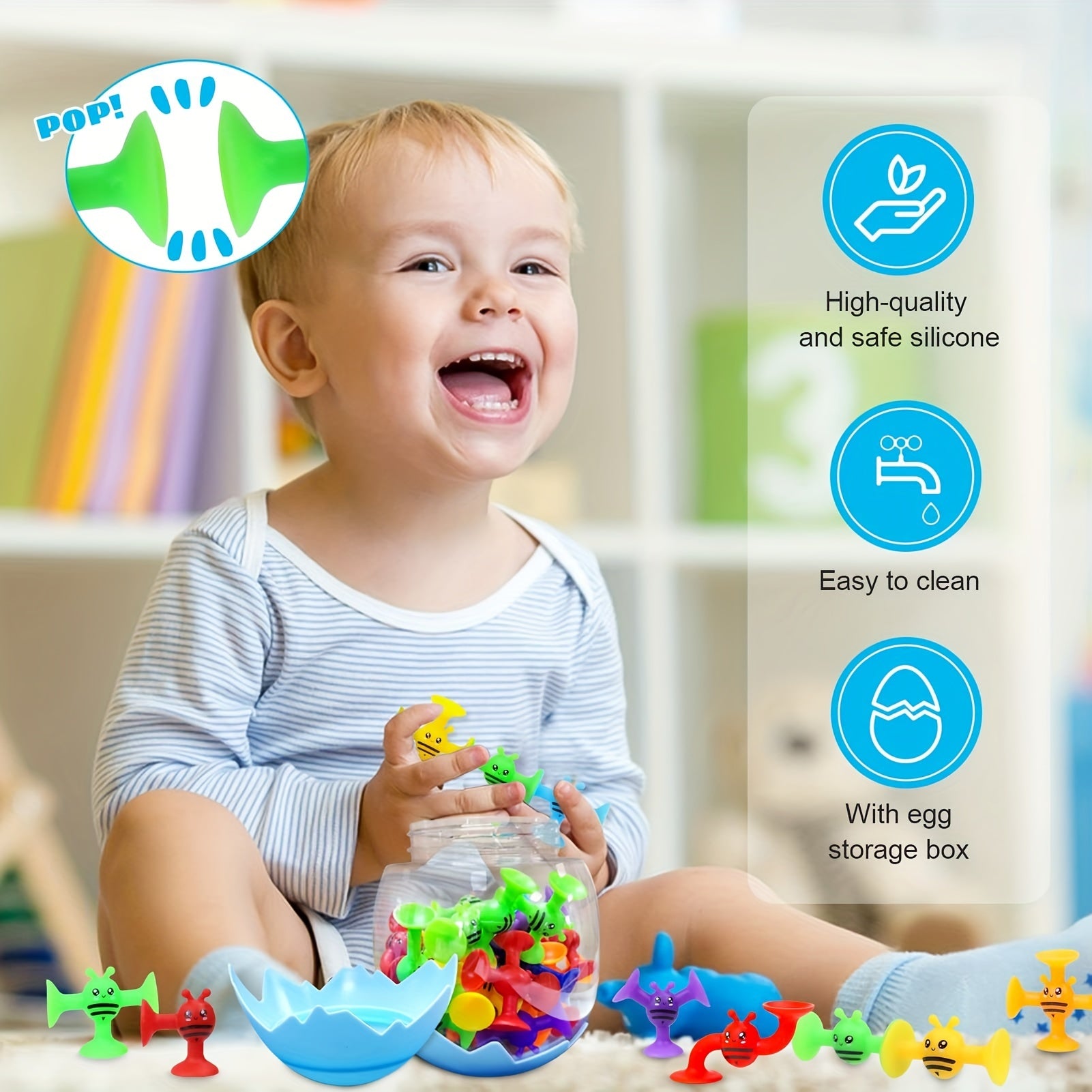 32 Pcs Silicone Suction Cup Toys for Kids with Eggshell Storage