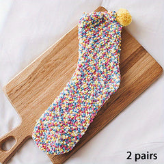 2 Pairs Pompom Fuzzy Socks Comfy & Warm Floor Socks