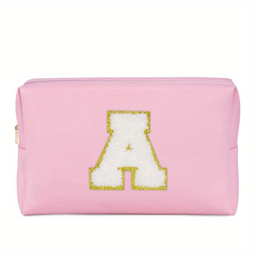 Preppy Makeup Bag With Zipper Chenille Letter Pink Travel Cosmetic Bag For Women