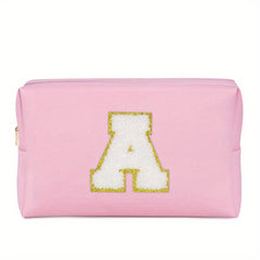 Preppy Makeup Bag With Zipper Chenille Letter Pink Travel Cosmetic Bag For Women