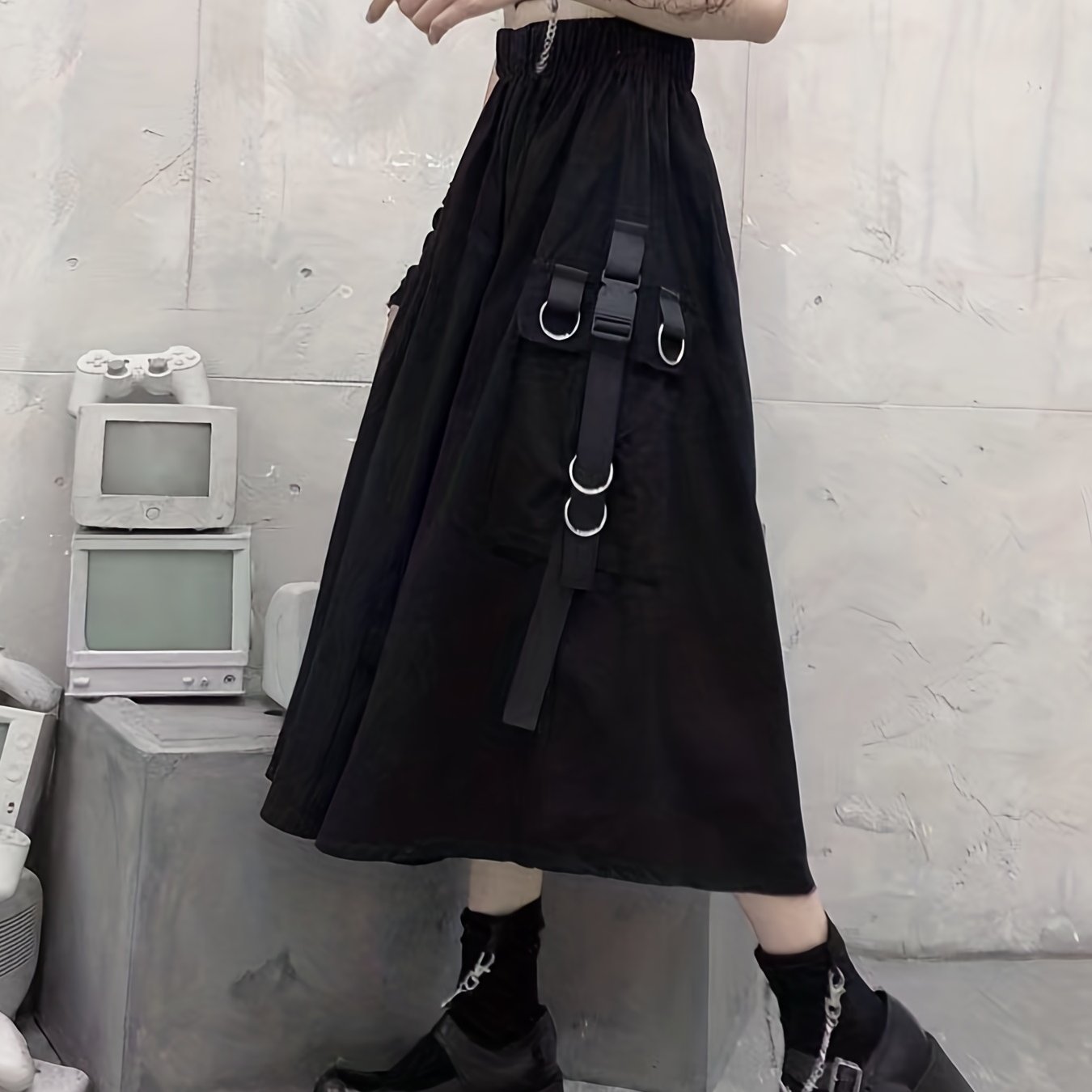 Solid Flap Pockets High Waist Skirt Casual Skirt For Spring & Fall