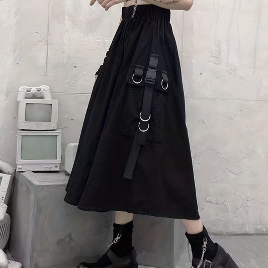 Solid Flap Pockets High Waist Skirt Casual Skirt For Spring & Fall