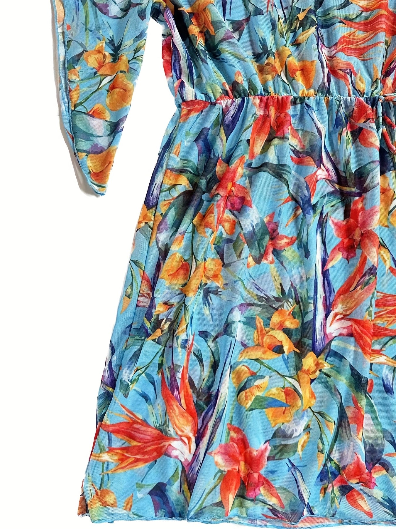 Tropical Print Cover Up Drawstring V Neck