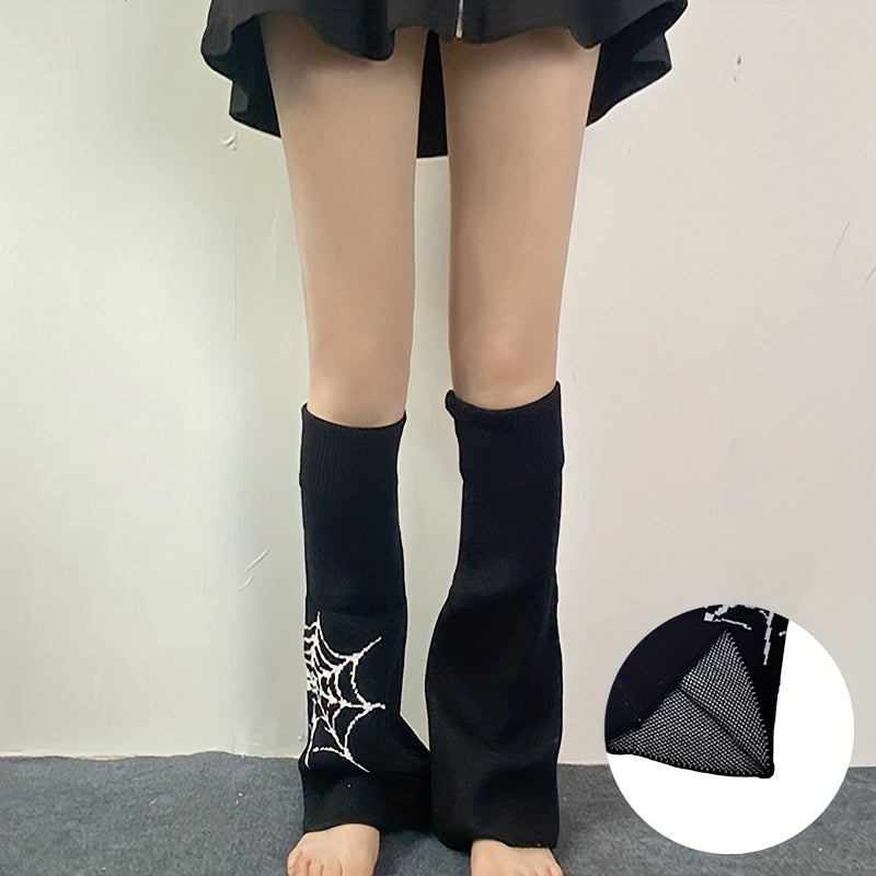Spider Web Print Leg Warmers Dark Gothic Knee High Socks Women's Stockings