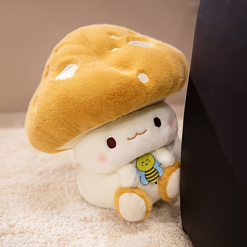 Anime Mushroom Soft Plush Stuffed Toy with Bee Pastel Beige for Kids Decor