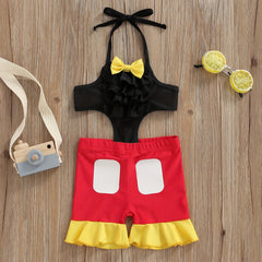 Toddler Girls Bow Cut Out Ruffle Trim Halter One Piece Swimsuit