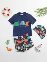 Kids Dinosaur Swimsuit Set - T Shirt, Trunks, Cap