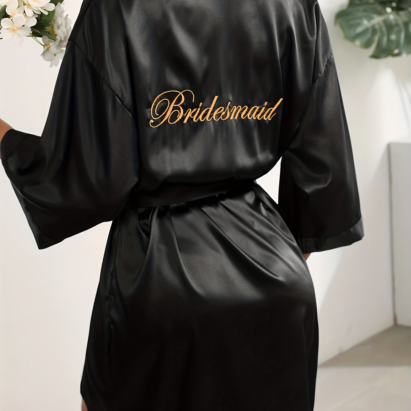 Embroidery Night Robe Deep V Satin Robe Women's Sleepwear