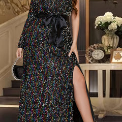 Plus Glitter One Shoulder Long Sleeve Maxi Formal Evening Dress