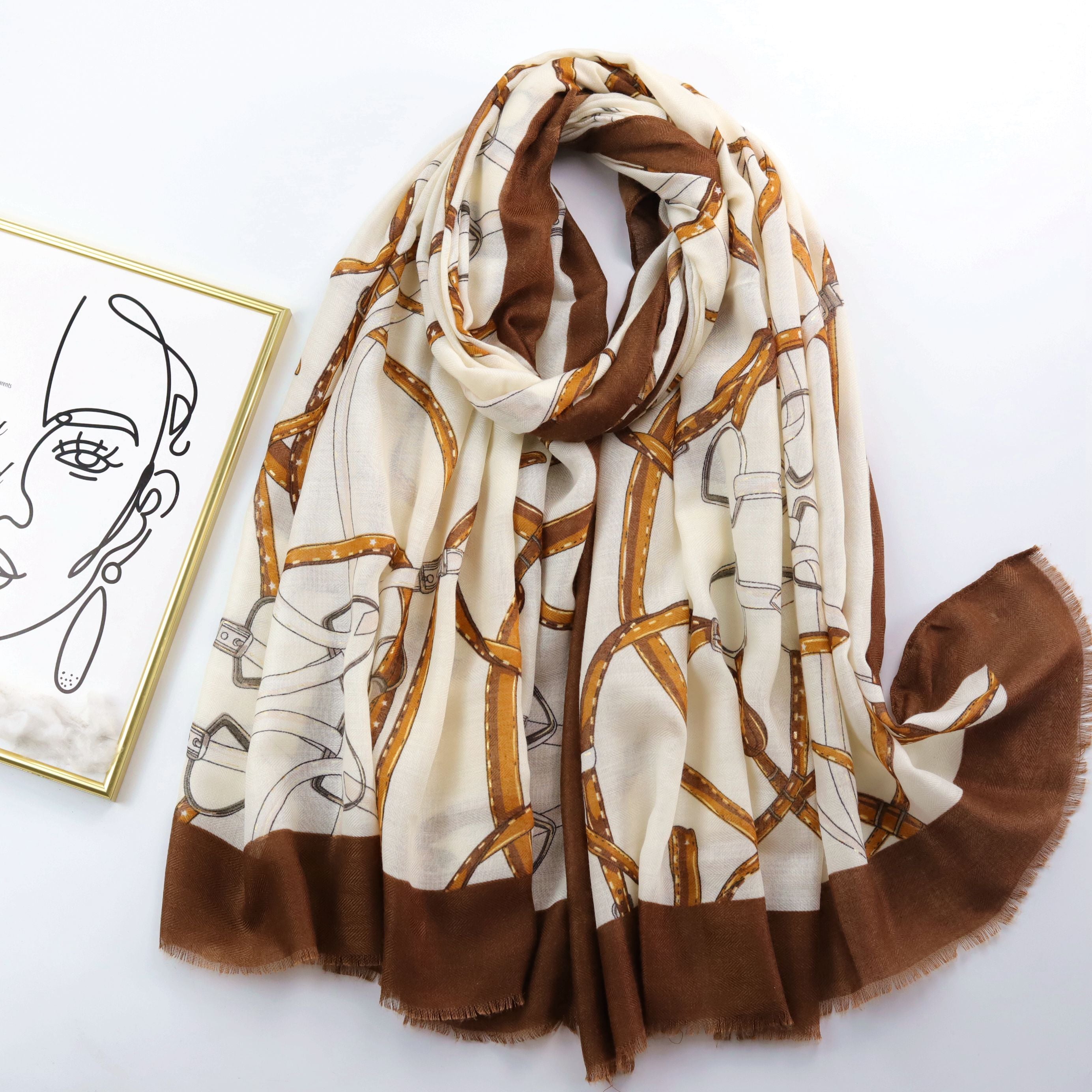 Vintage Chain Print Scarf Floral Pattern Frayed Summer Shawl