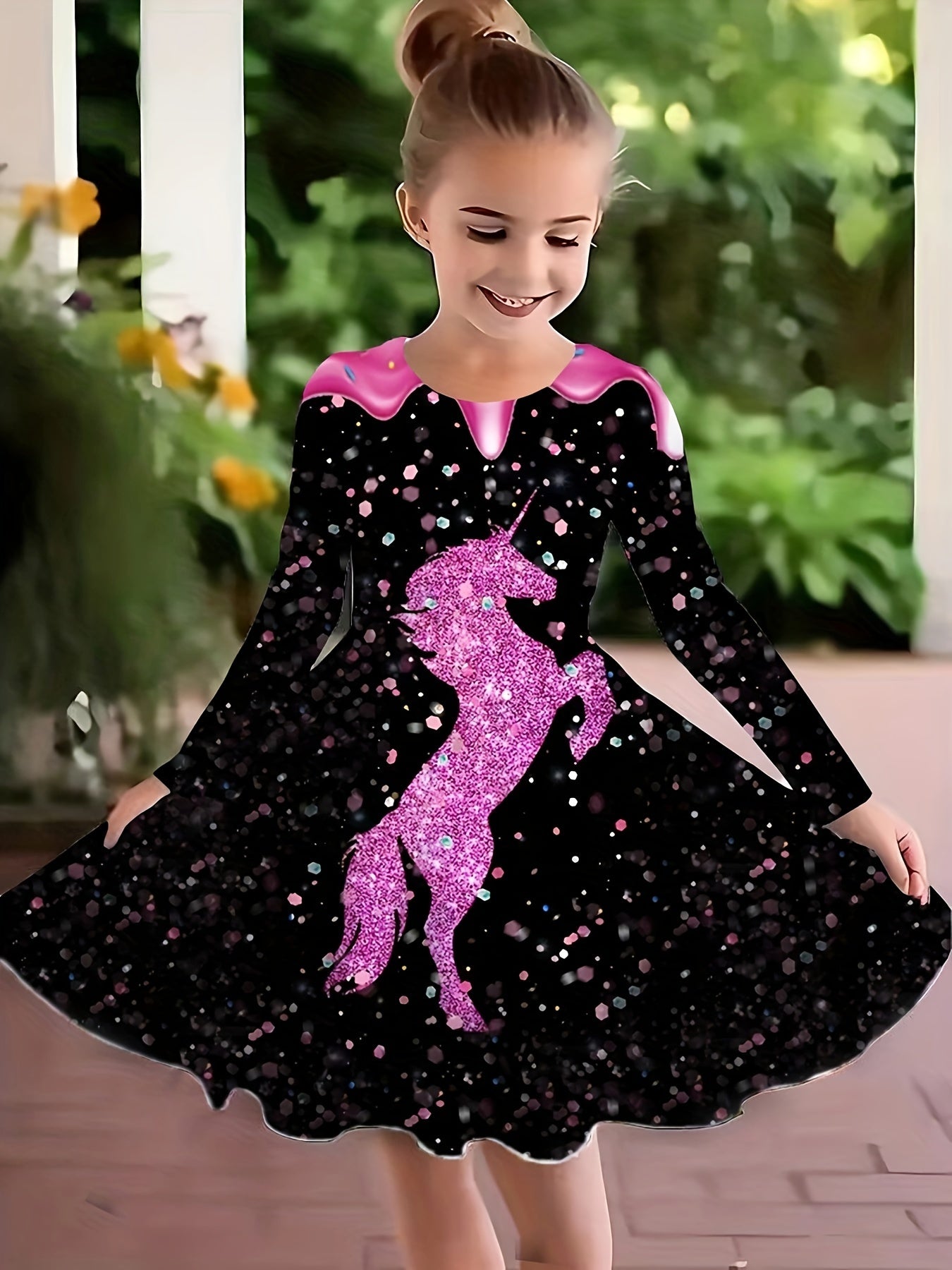 Girls Unicorn Graphic Long Sleeve Dress