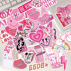 50 Pink College Style Stickers for Notebook, Phone Case, Cup, Luggage