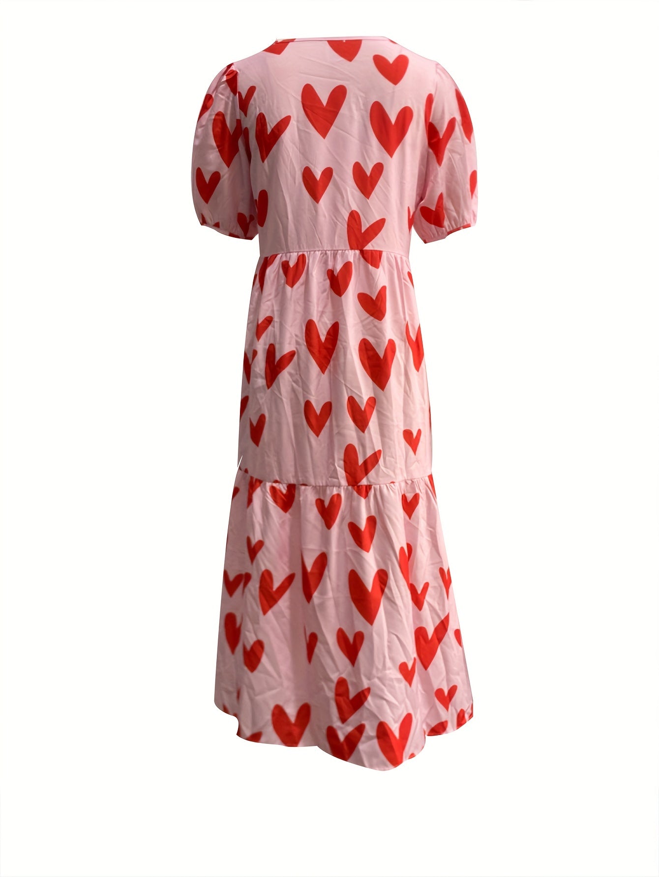 Heart Print Puff Sleeve Dress Crew Neck Casual Tiered Dress