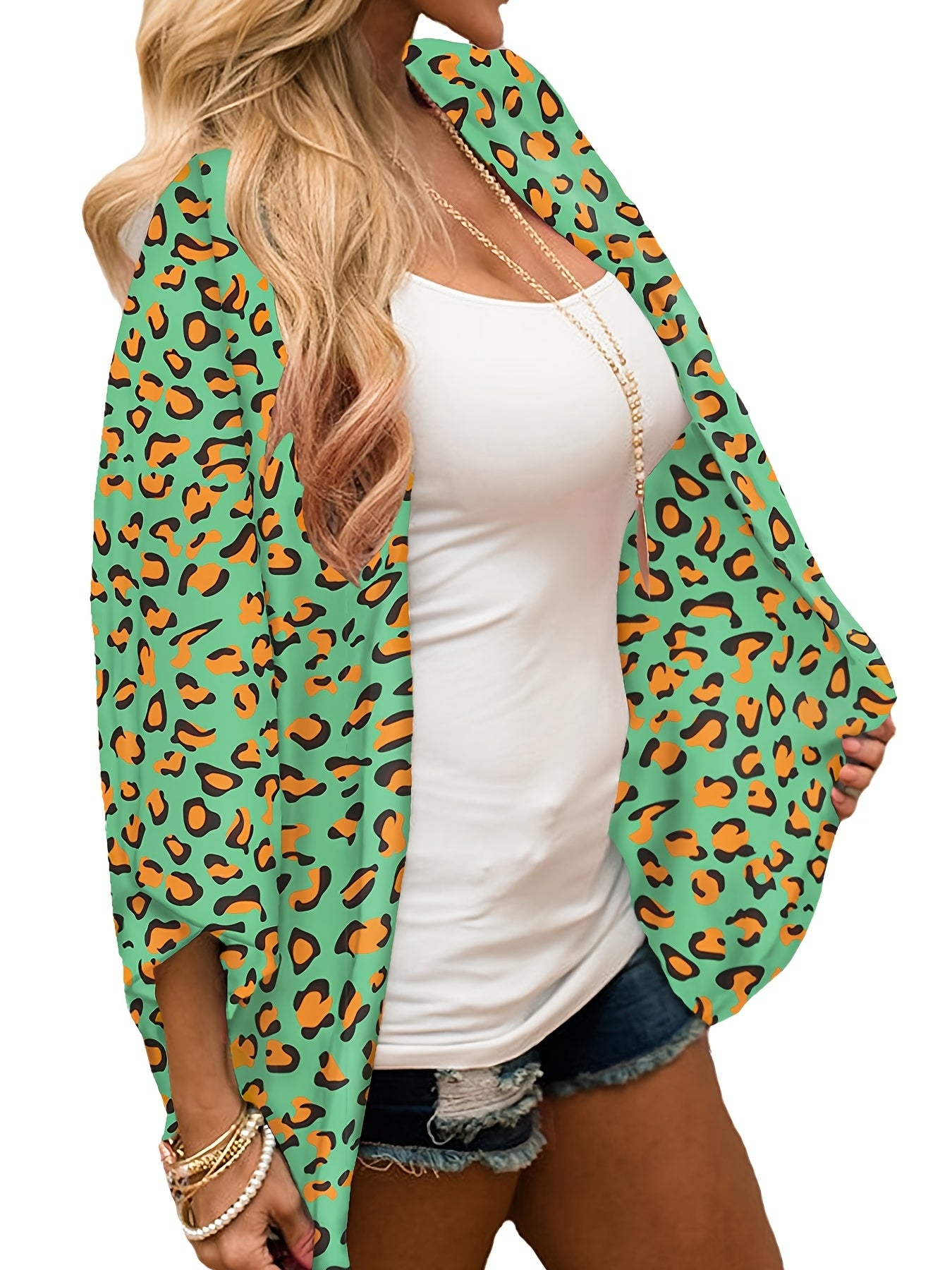 Green Leopard Print Chiffon Blouse V Neck Sheer Long Sleeve Cover Up Shirt