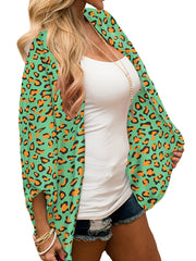 Green Leopard Print Chiffon Blouse V Neck Sheer Long Sleeve Cover Up Shirt