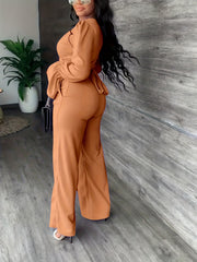 Surplice Neck Long Sleeve Top & High Waist Wide Leg Pants Set