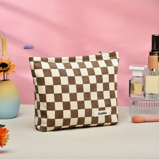 Corduroy Checkered Makeup Bag Zipper Pouch Large Capacity Cosmetic Organizer