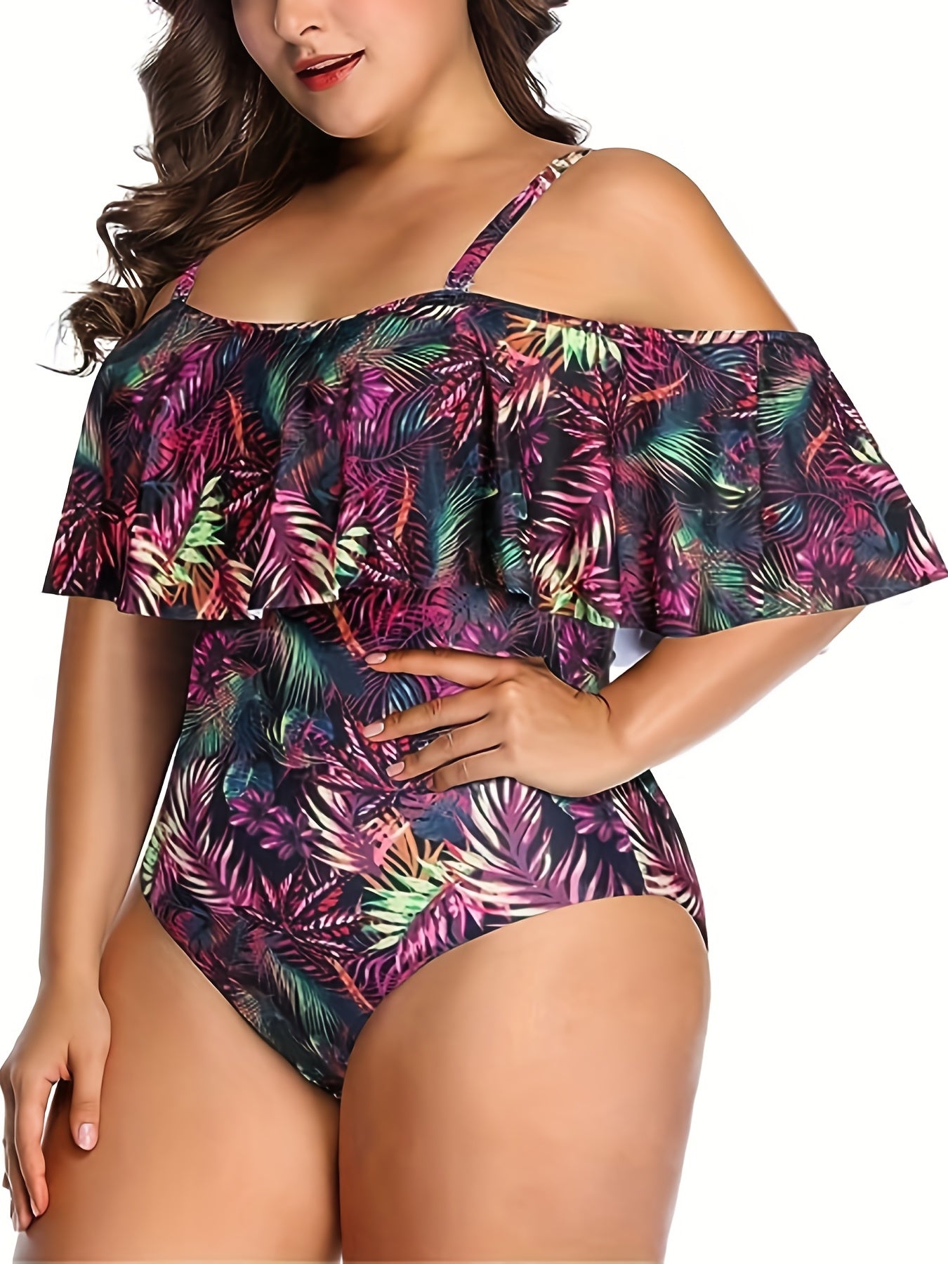 Tropical Print Cold Shoulder Ruffle Trim One Piece Bathing Suit