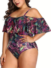 Tropical Print Cold Shoulder Ruffle Trim One Piece Bathing Suit