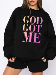Women's Plus Slogan Print Fleece Liner Sweatshirt & Shorts Set