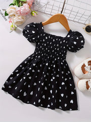 Newborn Princess Party Dress Sweet Heart Print Puff Sleeves Square Neck
