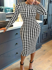 Houndstooth Print Bodycon Midi Dress