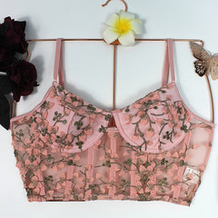 Floral Embroidery Cami Crop Top Hollow Out V Neck Mesh Bustier