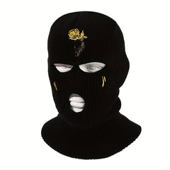 Unisex Thermal 3 Hole Knitted Mask with Flower Embroidery