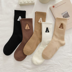 5 Pairs A Embroidery Socks Comfy Cotton Mid Tube Stockings
