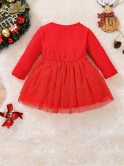 Baby Girls Christmas Fawn Patch Snowflake Dot Mesh Skirt Swing Dress