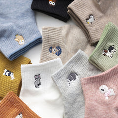 10 Pairs Women Cotton Socks Animal Embroidered Ankle Low Cut Boat Socks