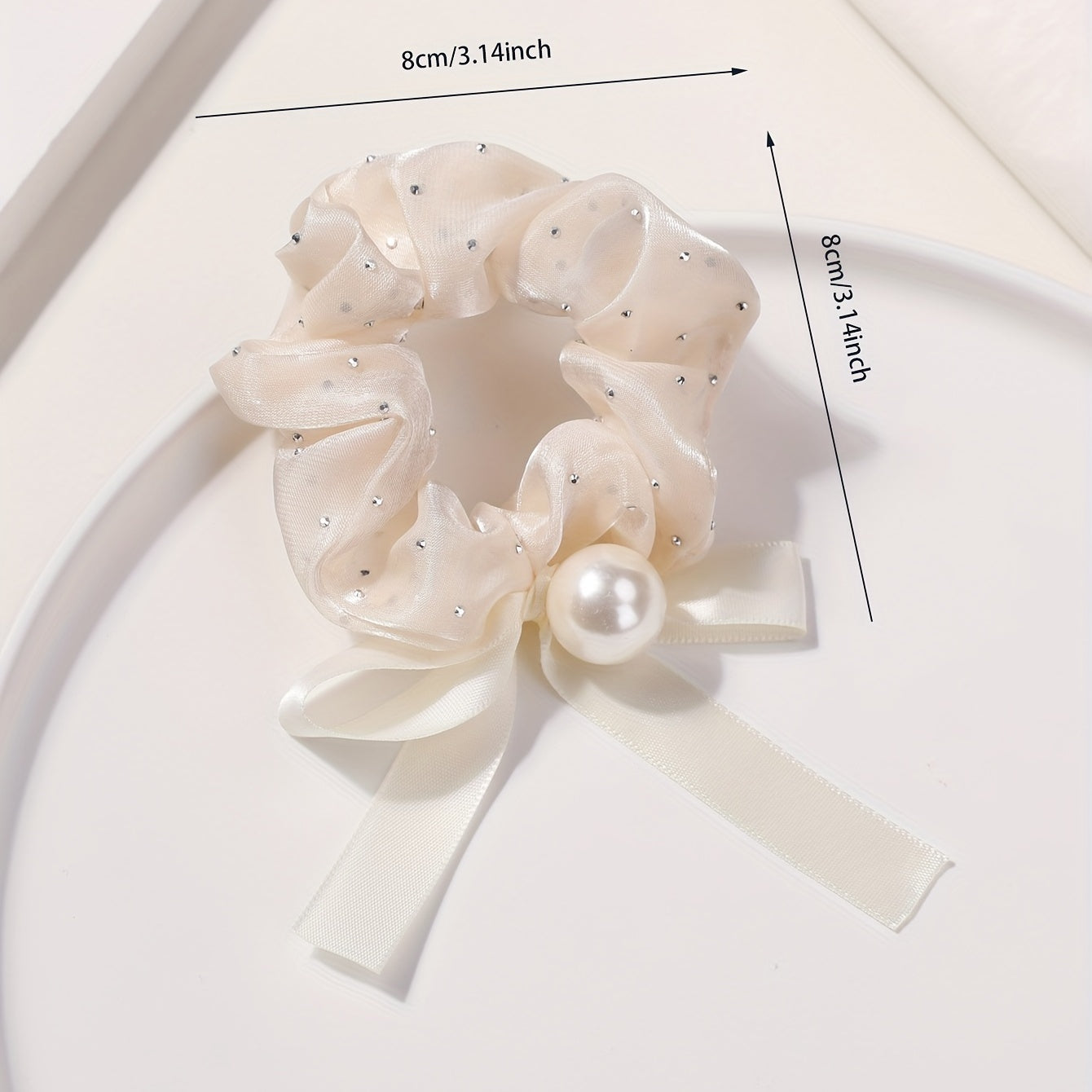 Mesh Scrunchie Faux Pearl Bow Ribbon Hair Rope Elastic Hair Tie