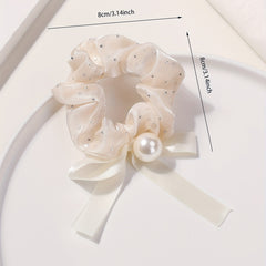 Mesh Scrunchie Faux Pearl Bow Ribbon Hair Rope Elastic Hair Tie