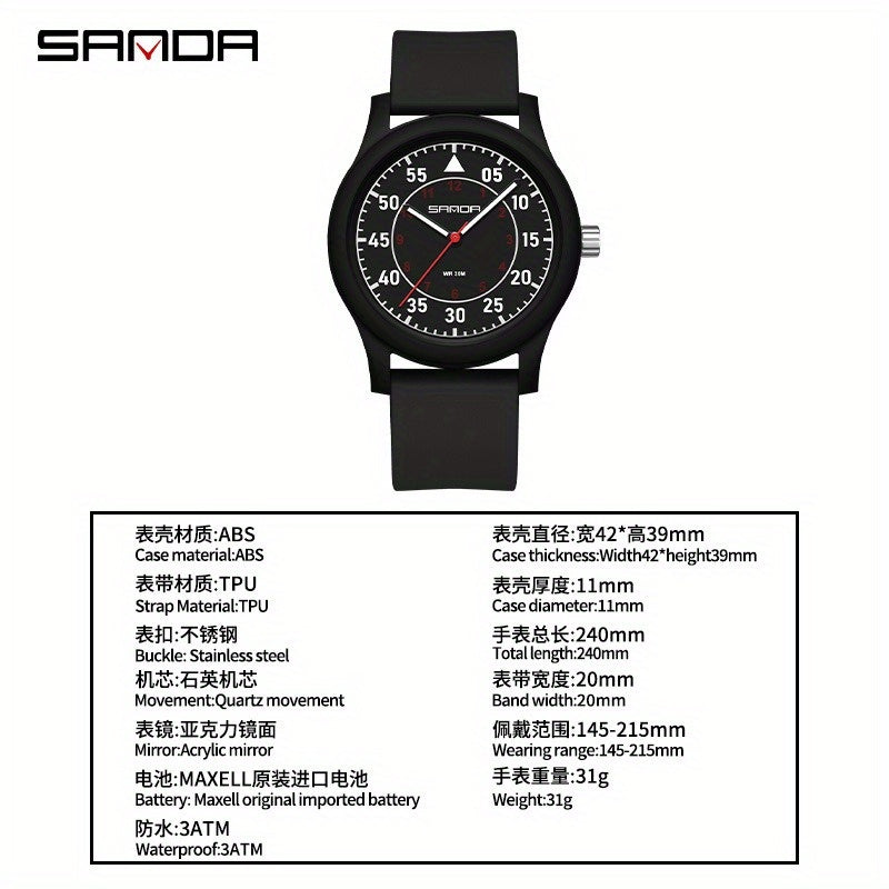 Sanda Unisex Quartz Watch Green Dial Red Hands Stainless Steel Case