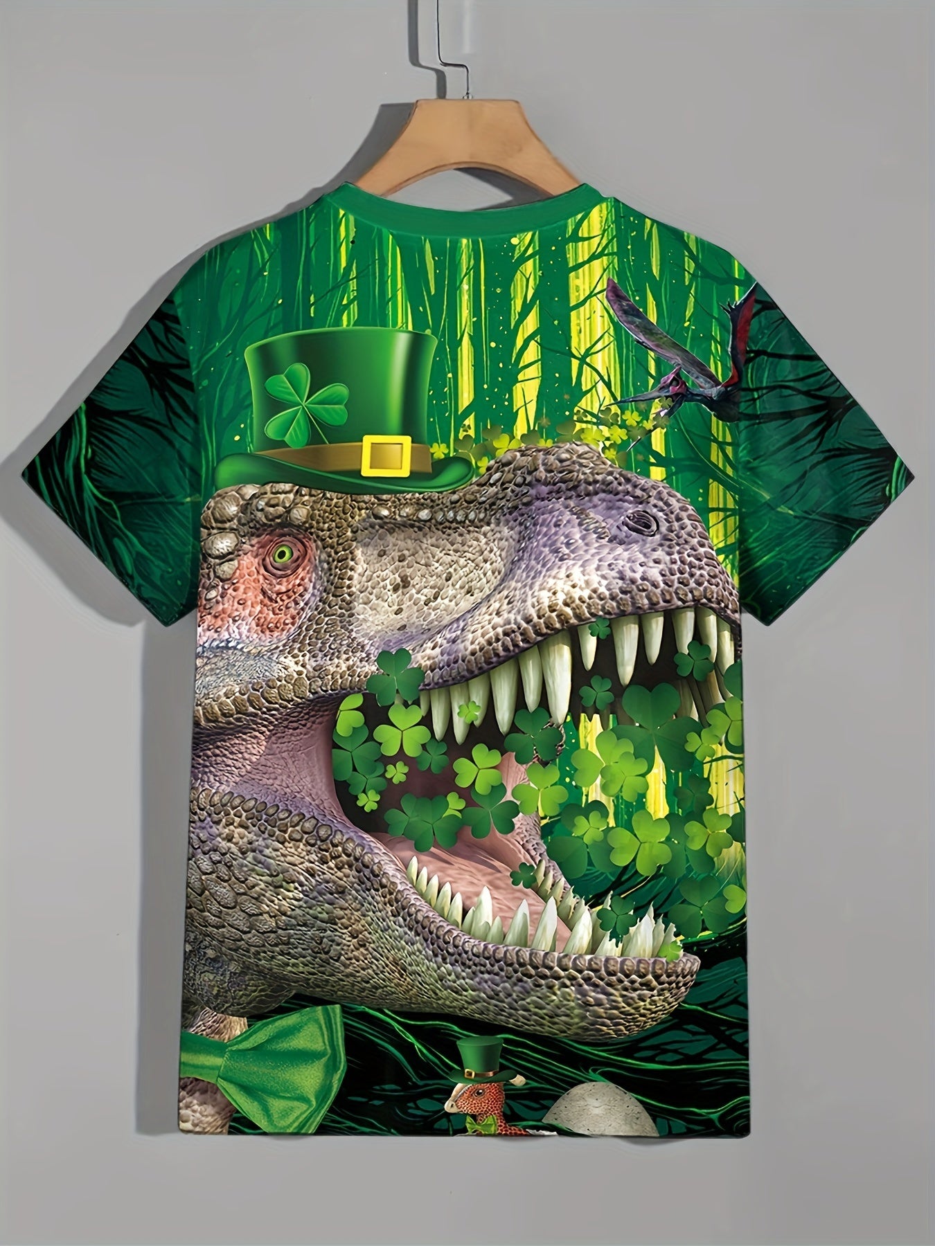 St Patrick's Dino 3D Print Boy's T Shirt Breathable Loose Round Neck