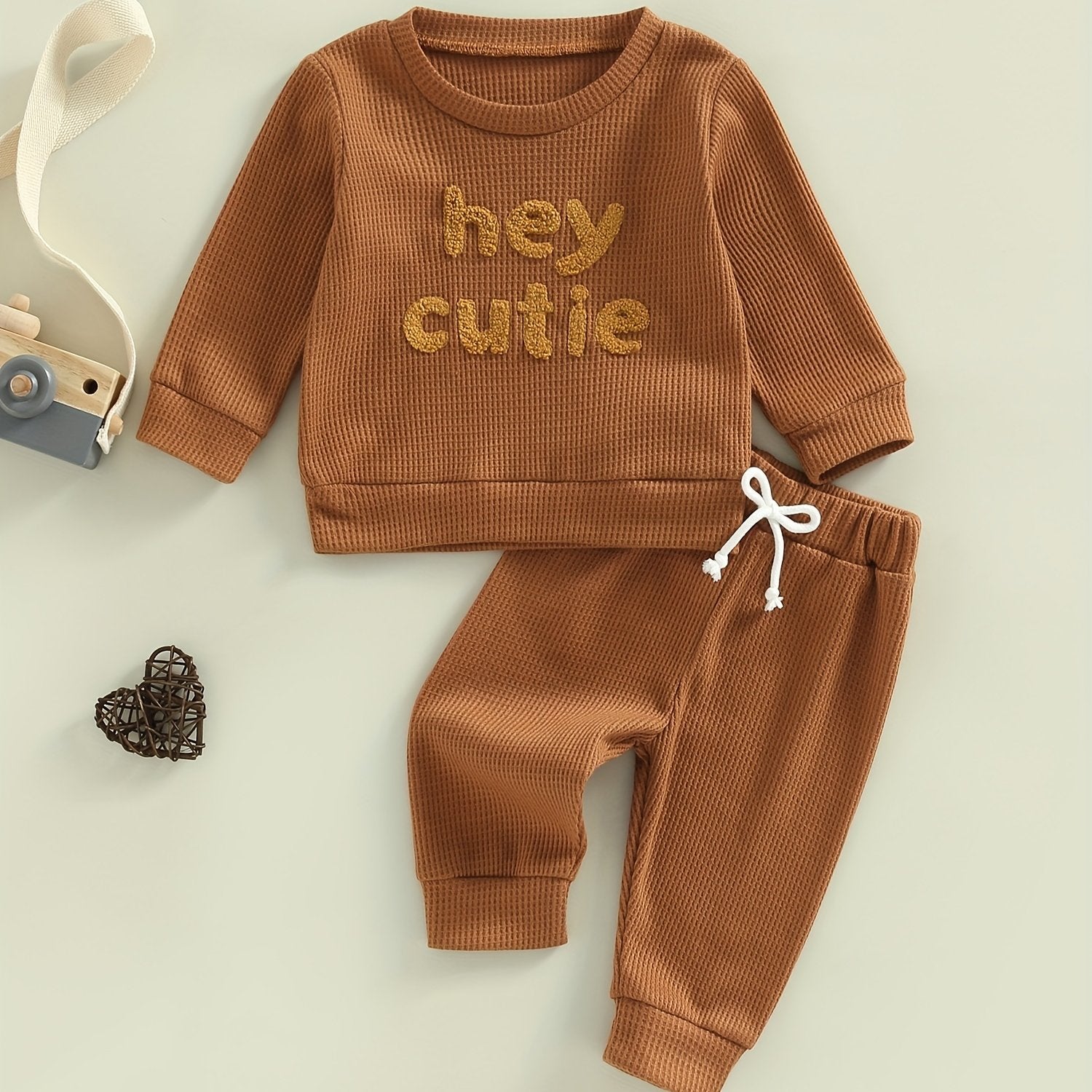 Baby Boy's Waffle Set Embroidered Sweatshirt & Trousers