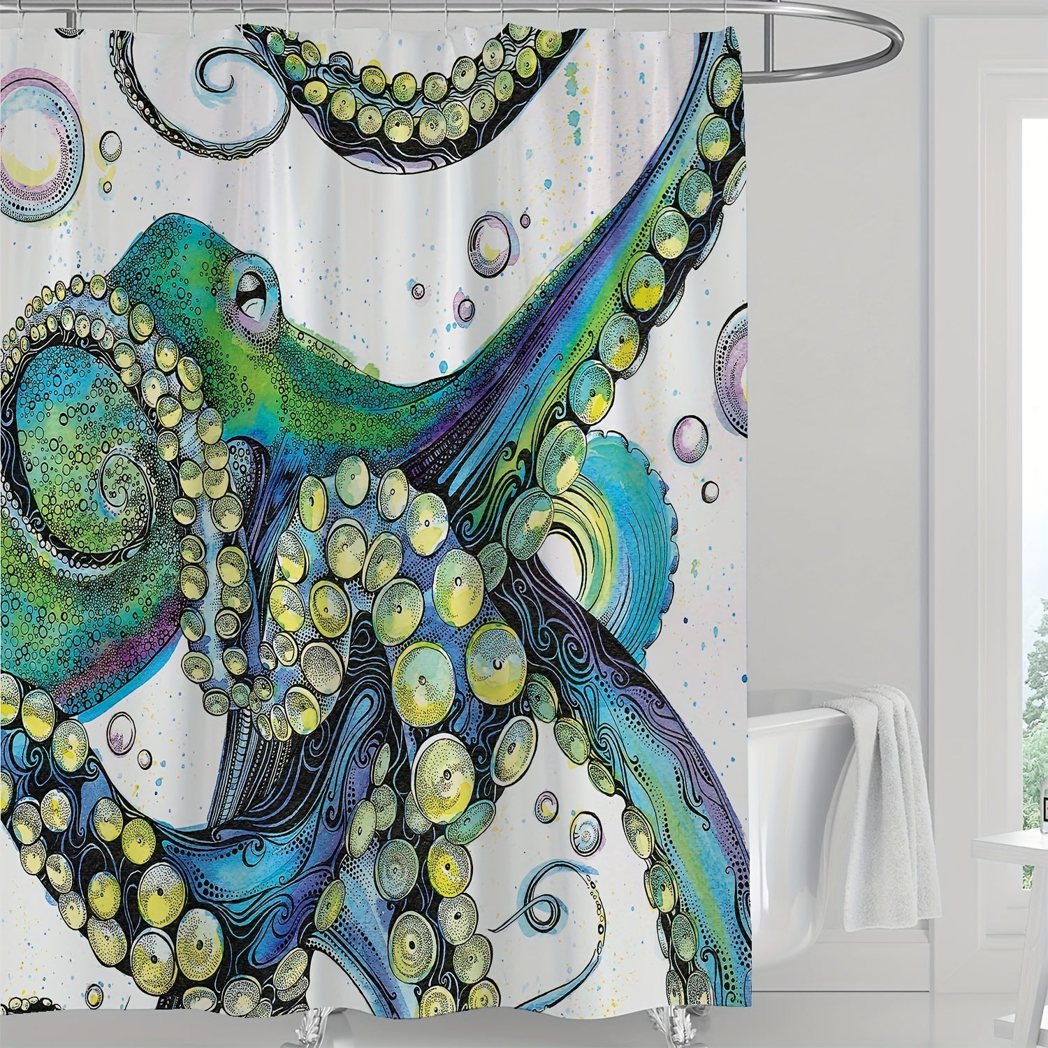 Waterproof Octopus Shower Curtain with 12 Hooks for Bathroom Decor
