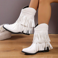 Women's Tassel Short Boots Pointed Toe Embroidered V cut Slip On Western Boots