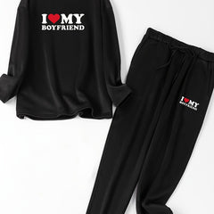 Slogan Print Long Sleeve Round Neck Top & Joggers Pajamas Set