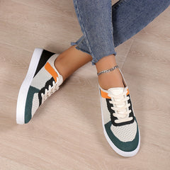 Women's Colorblock Knit Sneakers Lace Up Low Top Shoes
