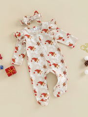 Christmas Baby Girls Hat Print Jumpsuit Set
