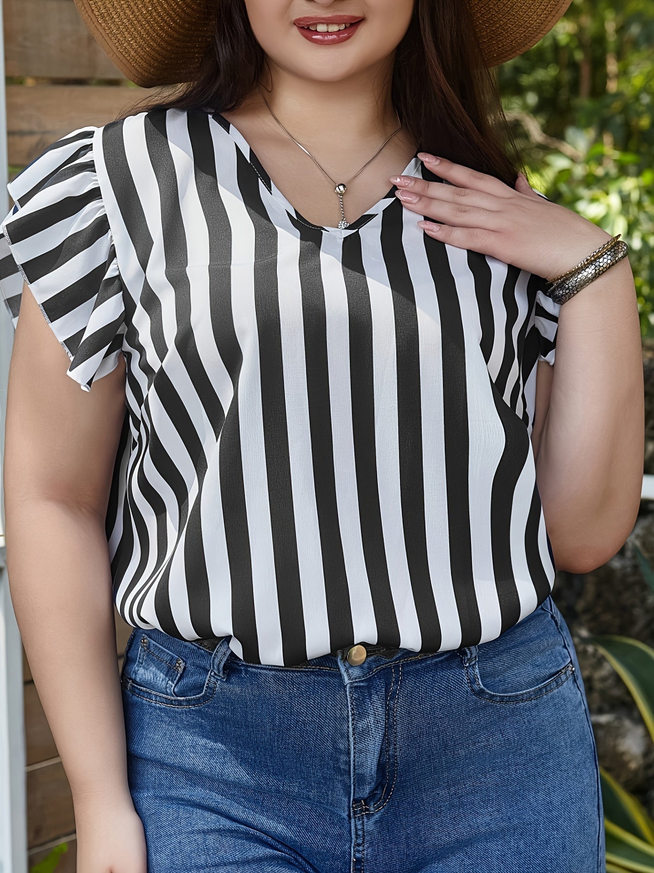 Stripe Print Cap Sleeve V Neck Blouse