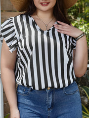 Stripe Print Cap Sleeve V Neck Blouse