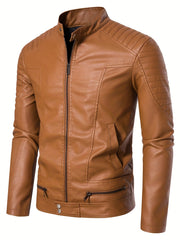 Men's PU Zip Up Stand Collar Faux Leather Jacket