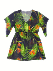 Tropical Print Bell Sleeve V Neck Cover Up