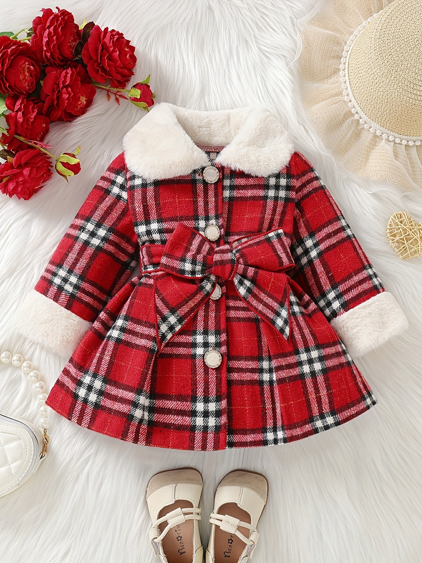 Baby Girls Christmas Plaid Furry Hooded Coat