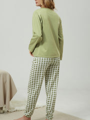 Plaid Print Long Pajamas Set Crew Neck Top & Comfortable Pant