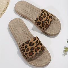 Leopard Print Slip On Sandals Open Toe Non Slip Flat Slides Beach Shoes