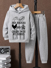 2pcs Chicken And Peanut Print Boys Hoodie Casual Long Sleeve Hooded S