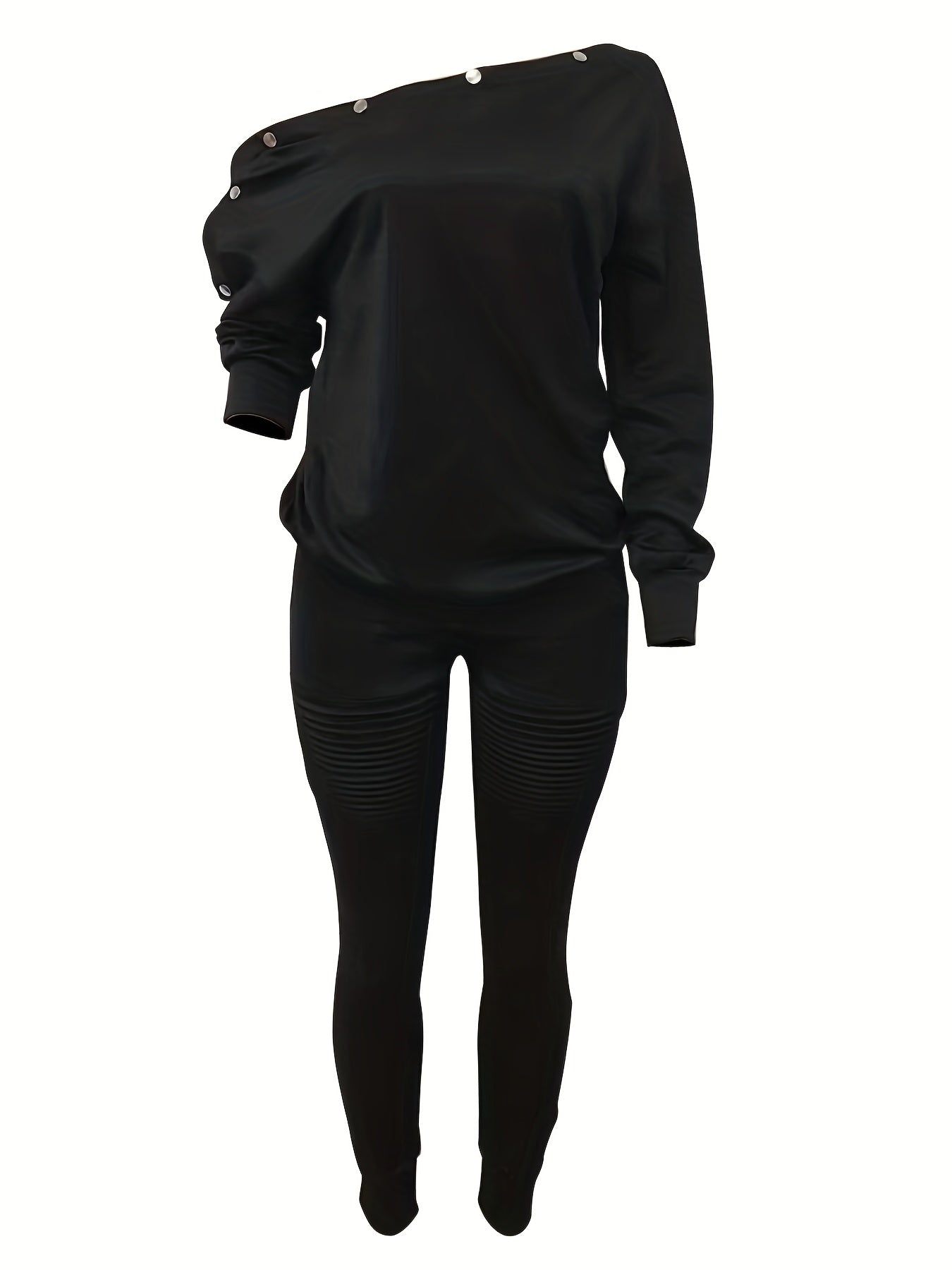 Cold Shoulder Long Sleeve Top & Slim Pants Set Women's Outfit